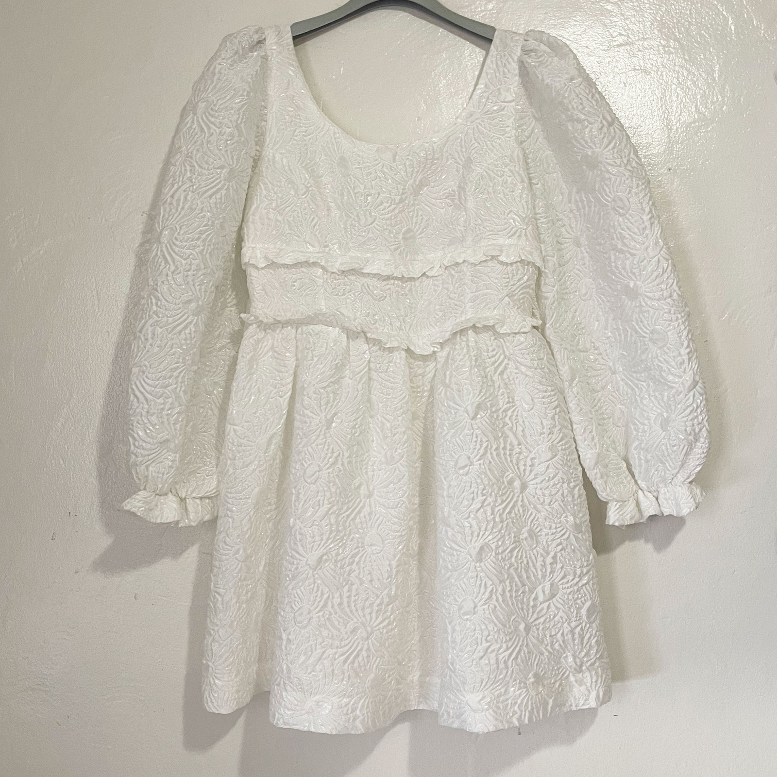 Shrimps Floral Jacquard Babydoll Silk Blend Mini Dress In White Size Uk 12/ Us 8